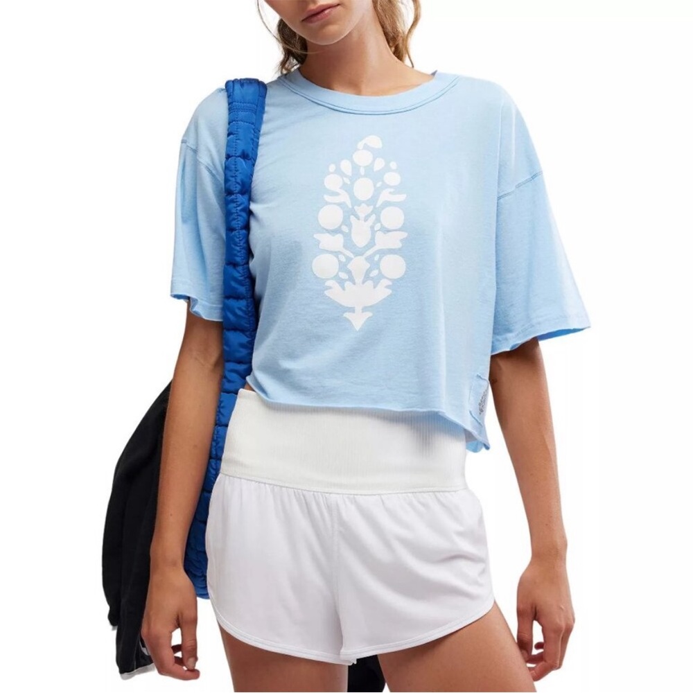NWT Free People Movement Inspire Oversized Blue Logo Crop Tee Size XL